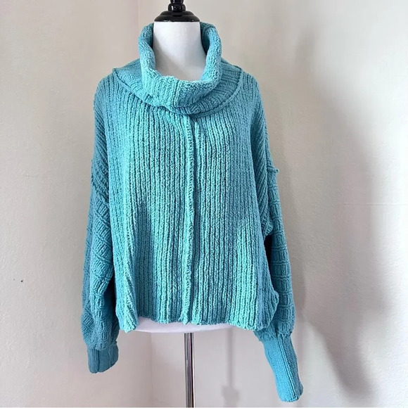 Free People Be Yours Pullover Aqua Emerald Blue Chunky Knit Medium - Picture 3 of 10
